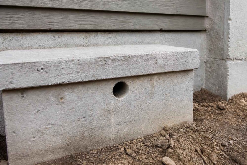 Betonowa skrzynka z okrągłym otworem ustawiona przy ścianie budynku