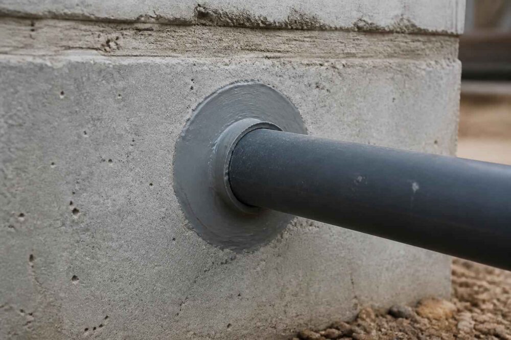 Czarna rura przechodząca przez betonową ścianę przez uszczelnione okrągłe przejście