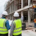 Dwóch kierowników w kamizelkach odblaskowych ogląda plac budowy z pracownikami na rusztowaniach