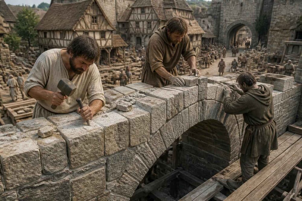 Trzech rzemieślników buduje kamienny most wśród średniowiecznych domów