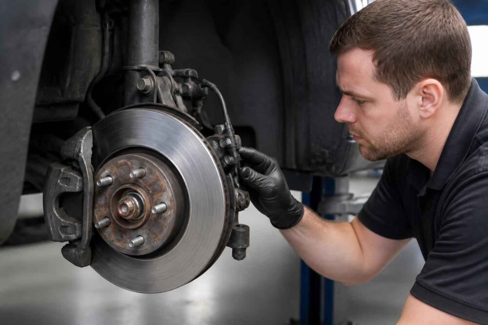 Kontrola tarczy i zacisku hamulcowego Mechanik ogląda tarczę hamulcową i zacisk przy uniesionym samochodzie