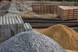 Stosy kruszywa, piasku, bloczków betonowych, prętów zbrojeniowych i worków cementu na placu budowy
