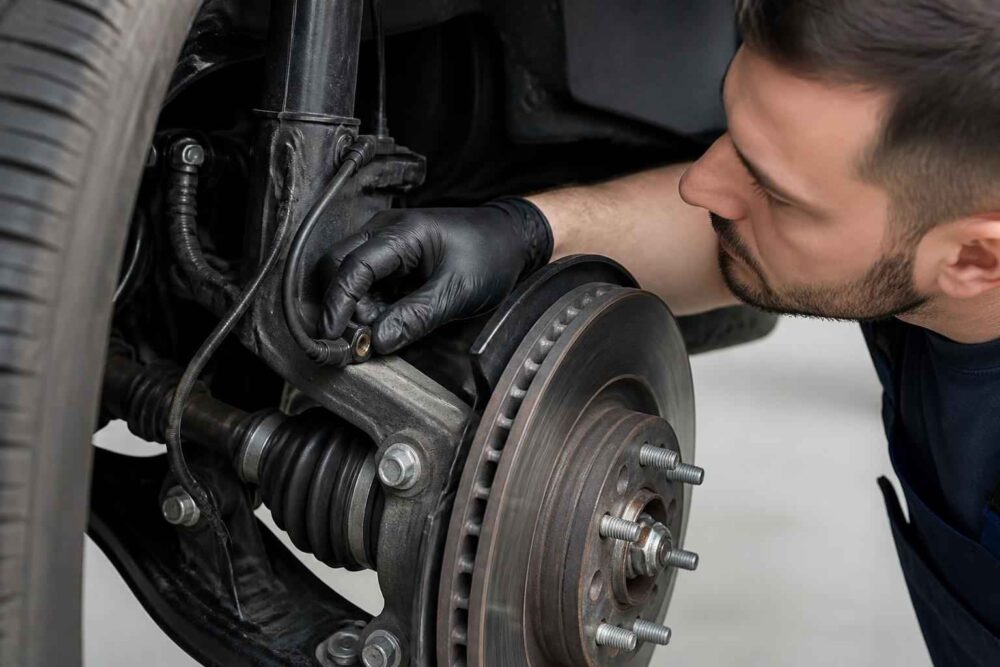Mechanik w rękawiczkach sprawdza elementy hamulca przy zdjętym kole samochodu