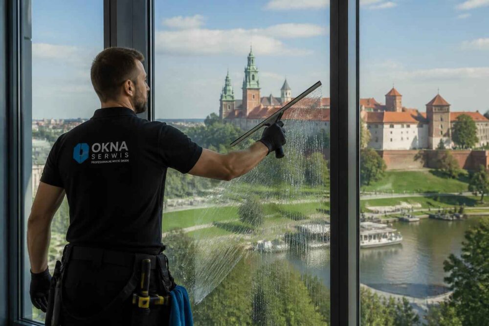 Pracownik myje duże okno, za którym widać Wawel i Wisłę w Krakowie