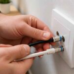 Dłonie podłączają czarny i biały kabel koncentryczny do podwójnego gniazda antenowego w ścianie