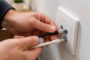Dłonie podłączają czarny i biały kabel koncentryczny do podwójnego gniazda antenowego w ścianie