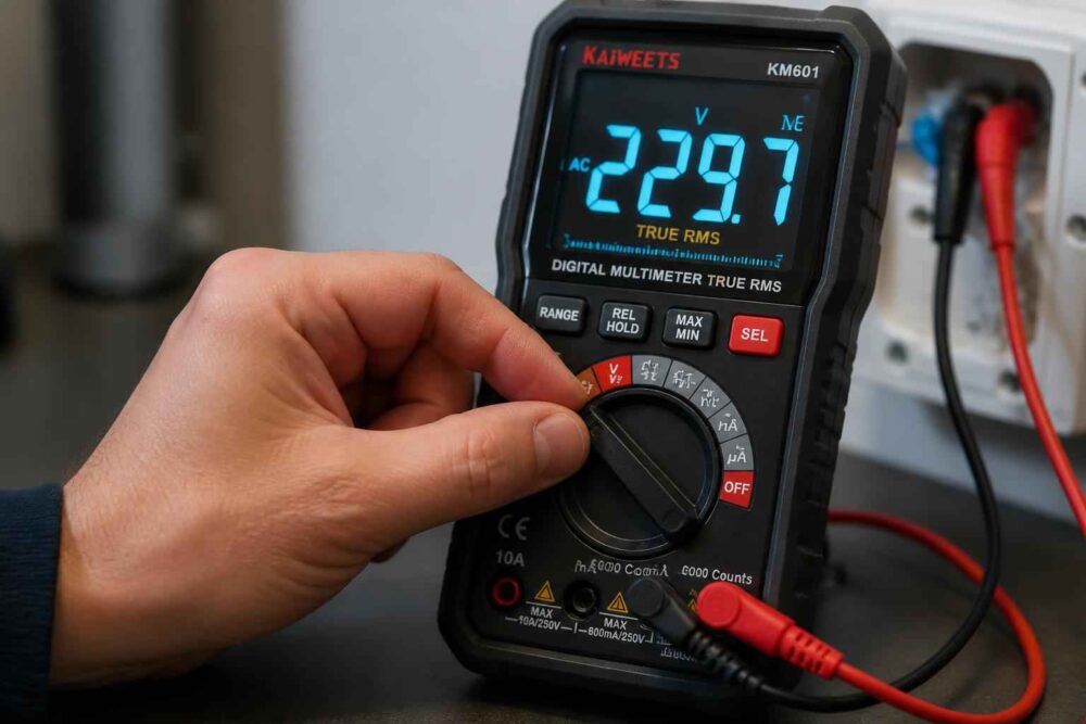 Dłoń ustawia multimetr cyfrowy wskazujący napięcie 229,7 V przy gniazdku elektrycznym