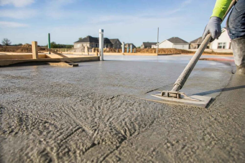 Pracownik wygładza świeżo wylany beton na placu budowy za pomocą pacy na długim trzonku