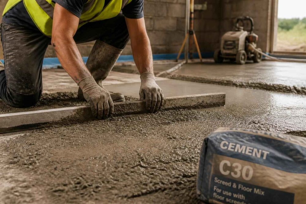 Pracownik wyrównuje świeży beton, a obok leży worek cementu C30.