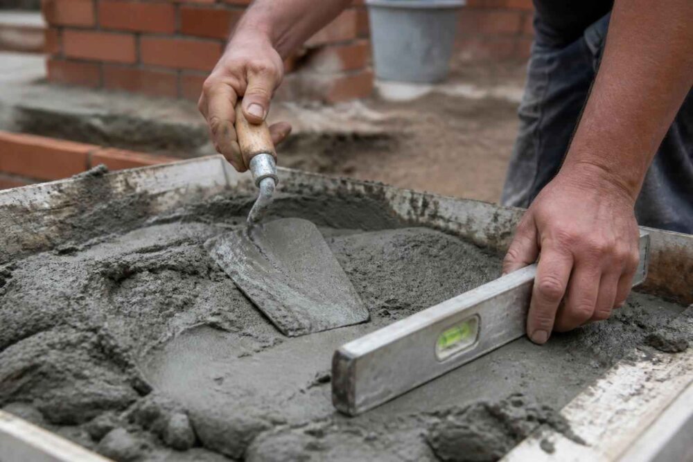 Murarz wyrównuje świeżą zaprawę cementową kielnią i poziomicą budowlaną