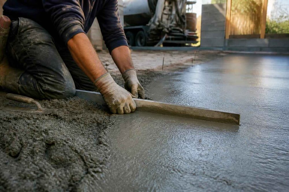 Zacieranie świeżej betonowej posadzki Pracownik wyrównuje świeży beton długą łatą, tworząc gładką posadzkę.