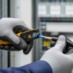 Elektryk w rękawicach zaciska końcówkę przewodu za pomocą specjalnego narzędzia.