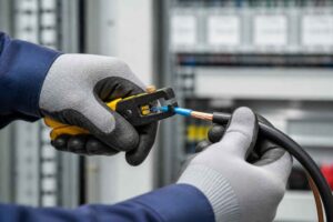 Elektryk w rękawicach zaciska końcówkę przewodu za pomocą specjalnego narzędzia.